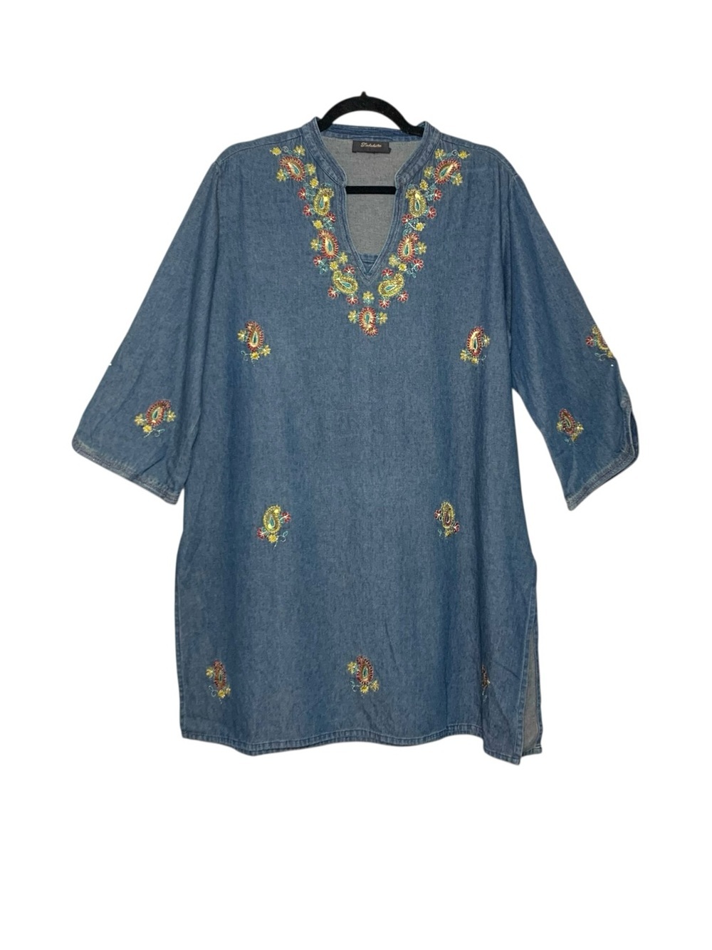 Embroidered Denim Tunic Top Blue with Multicolor Floral Embroidery Sz L/XL Boho